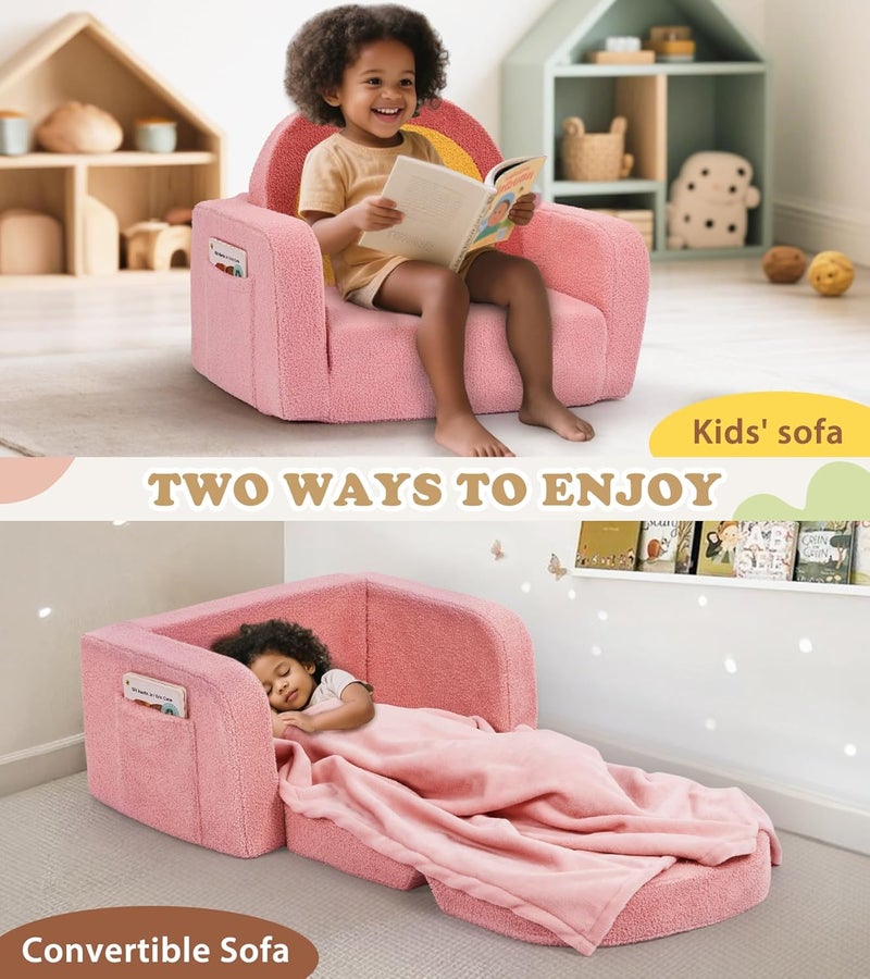 Foryoomi Kids Couch, 2-in-1 Soft Toddler Couch Fold Out with Blanket, Comfy Toddler Chair, Convertible Sofa, Gifts for Kids Girl Boys, Medium Colorful Pink Rainbow - Image 5